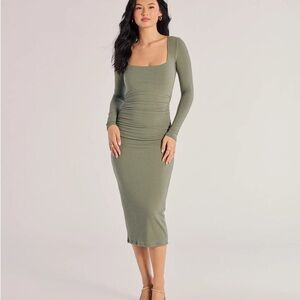 Elegant Olive Green Ribbed Dress